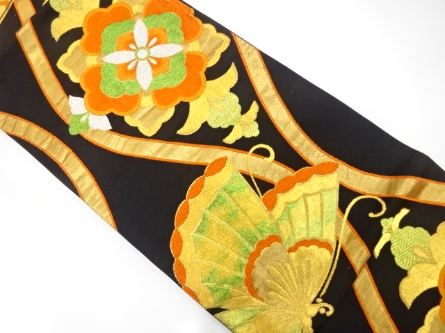 JAPANESE KIMONO / ANTIQUE FUKURO OBI / SILK / WOVEN BUTTERFLY & CRANES